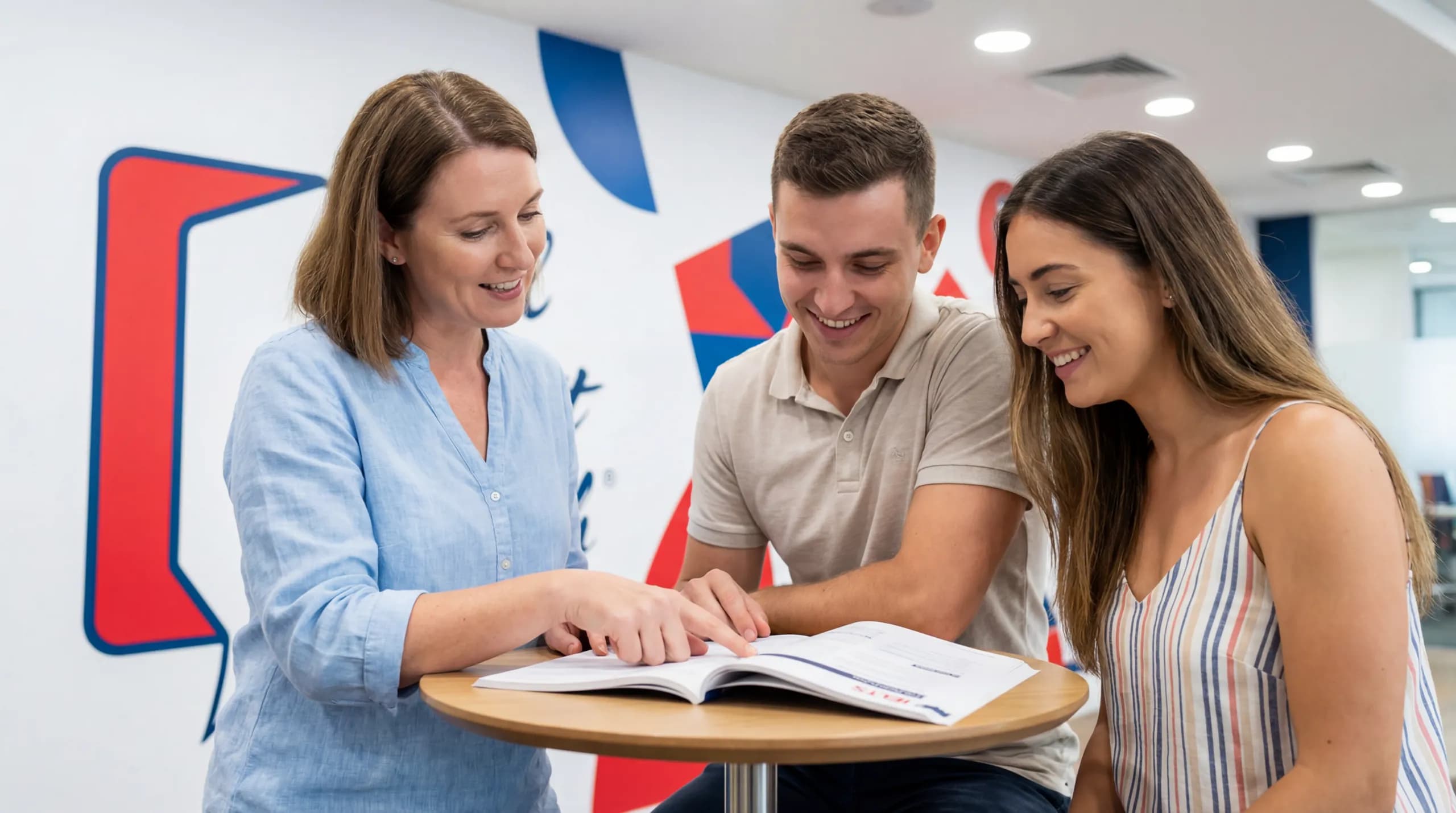 Two students reviewing course material with their trainer at WSE Dubai