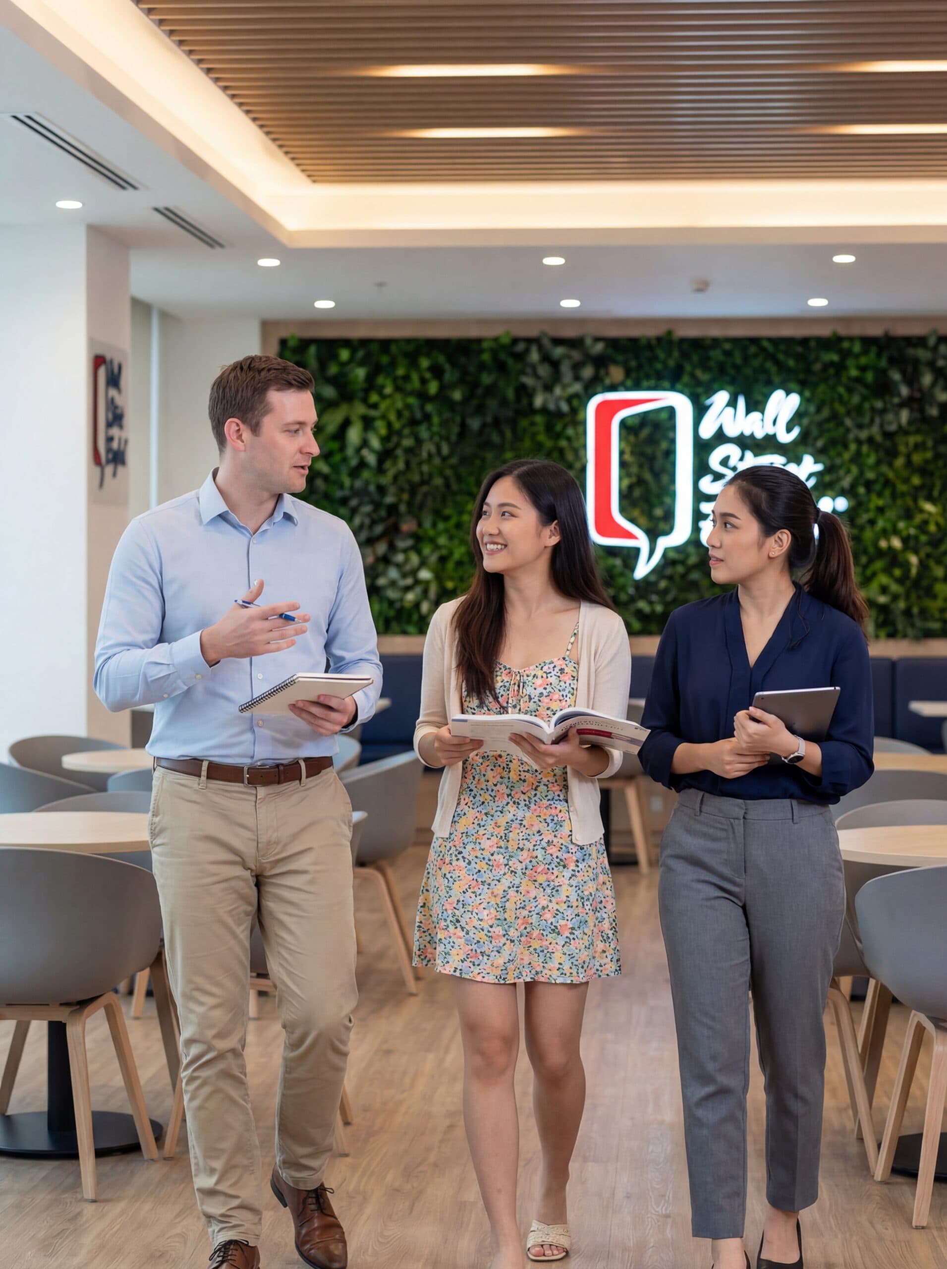 Three WSE Dubai students walking through the centre lobby for placement